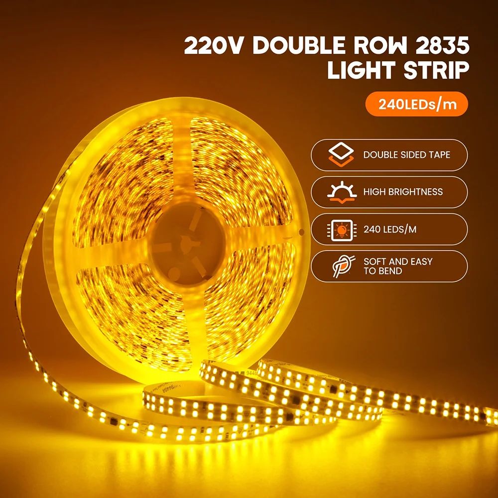 5m 10m 20m 50m Led Strip Light Adhesive Tape AC 220V 230V IP55 2835 120 240 LED Flexible Led Ribbon Stripe Home Lighting 9 Color
