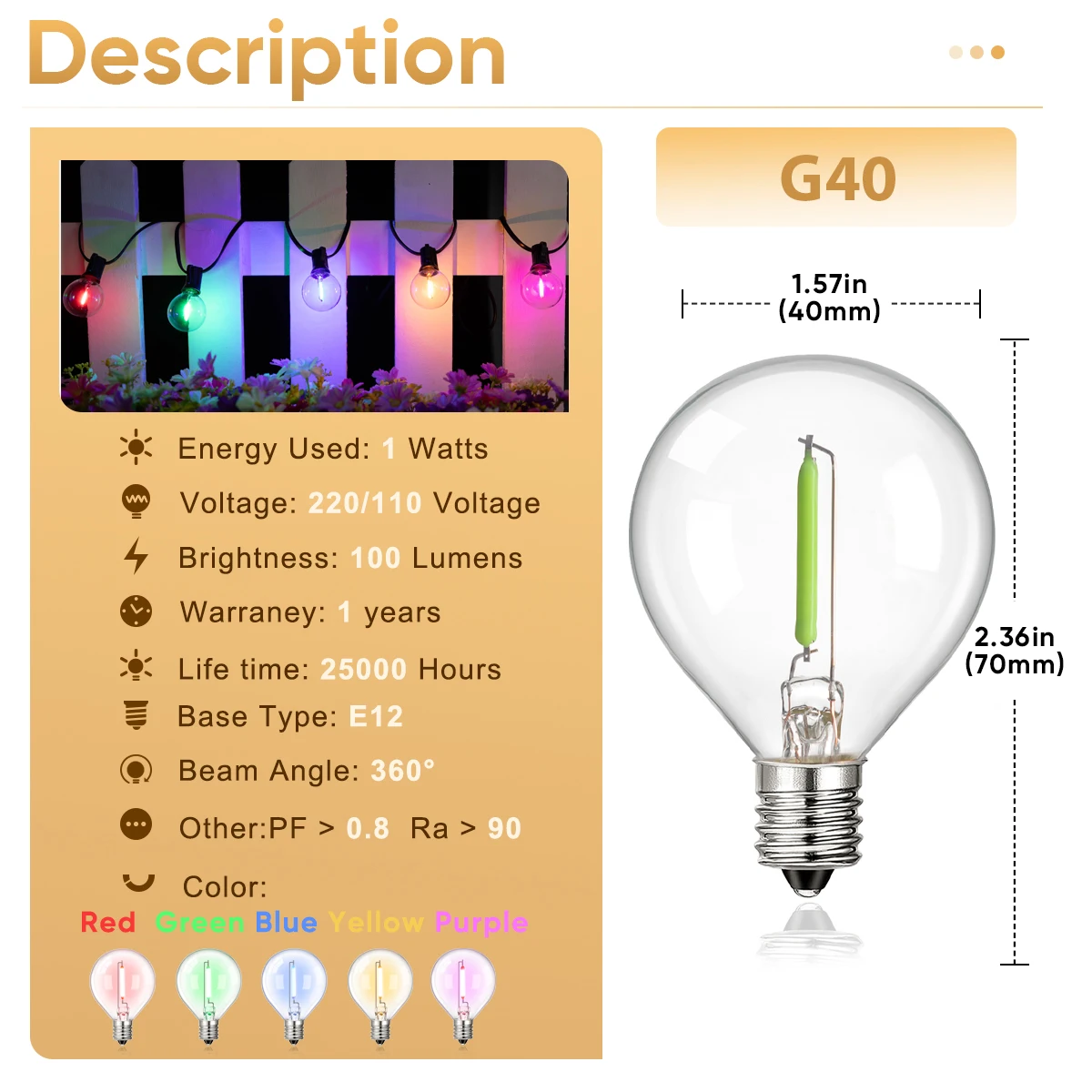 Multicolor G40 Led Bulbs Outdoor E12 110V 220V String Light Replaceable Bulb Waterproof Colorful RGB Filament Decoration Light