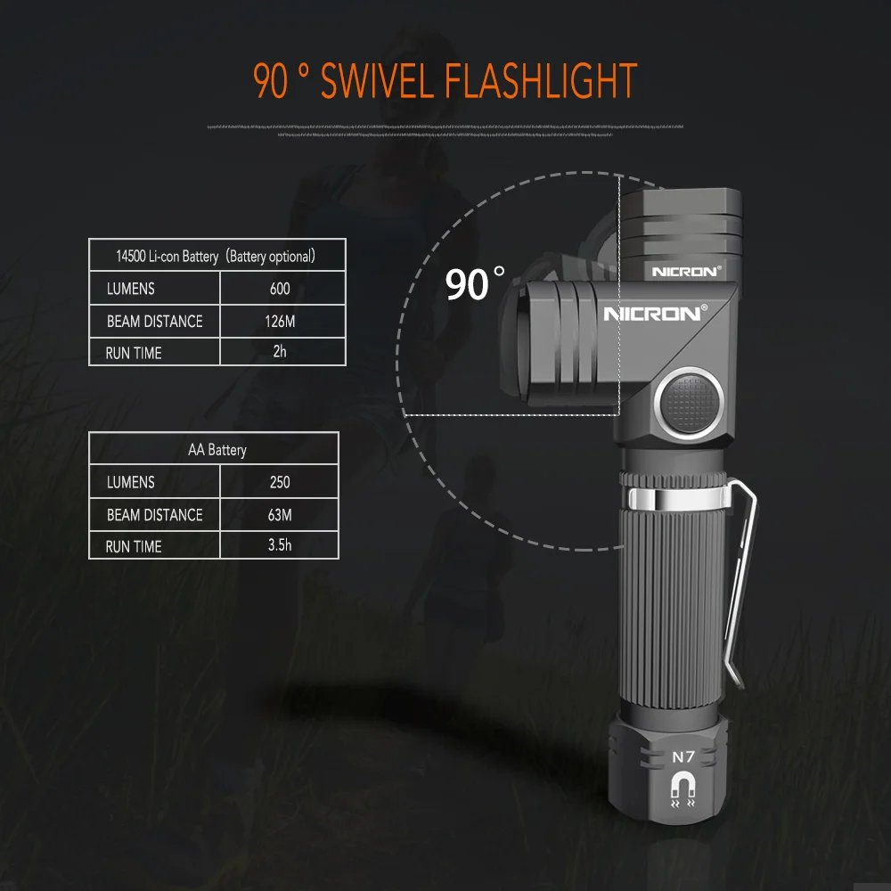 NICRON Led Flashlight Handfree Dual Fuel 90 Degree Twist Rotary Clip 600LM Waterproof Magnet Mini Lighting LED Torch Outdoor N7