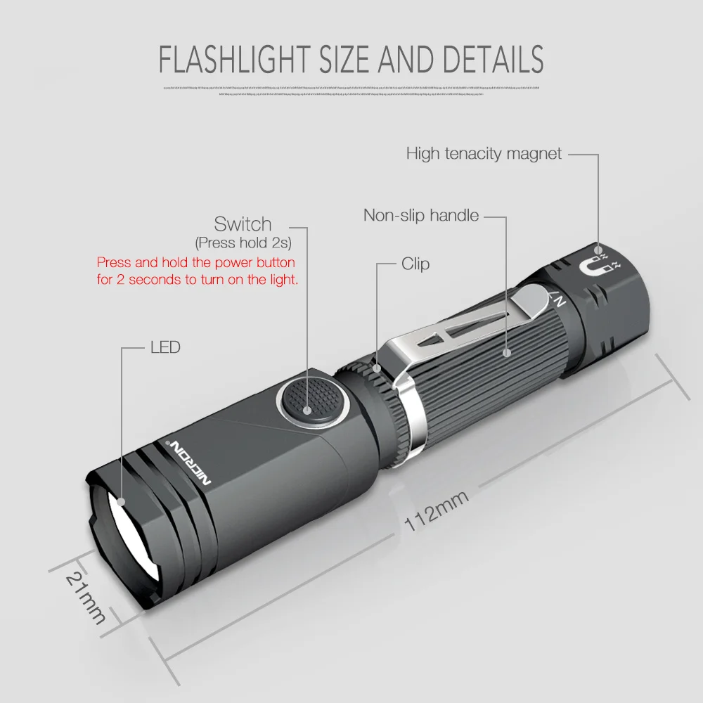 NICRON Led Flashlight Handfree Dual Fuel 90 Degree Twist Rotary Clip 600LM Waterproof Magnet Mini Lighting LED Torch Outdoor N7