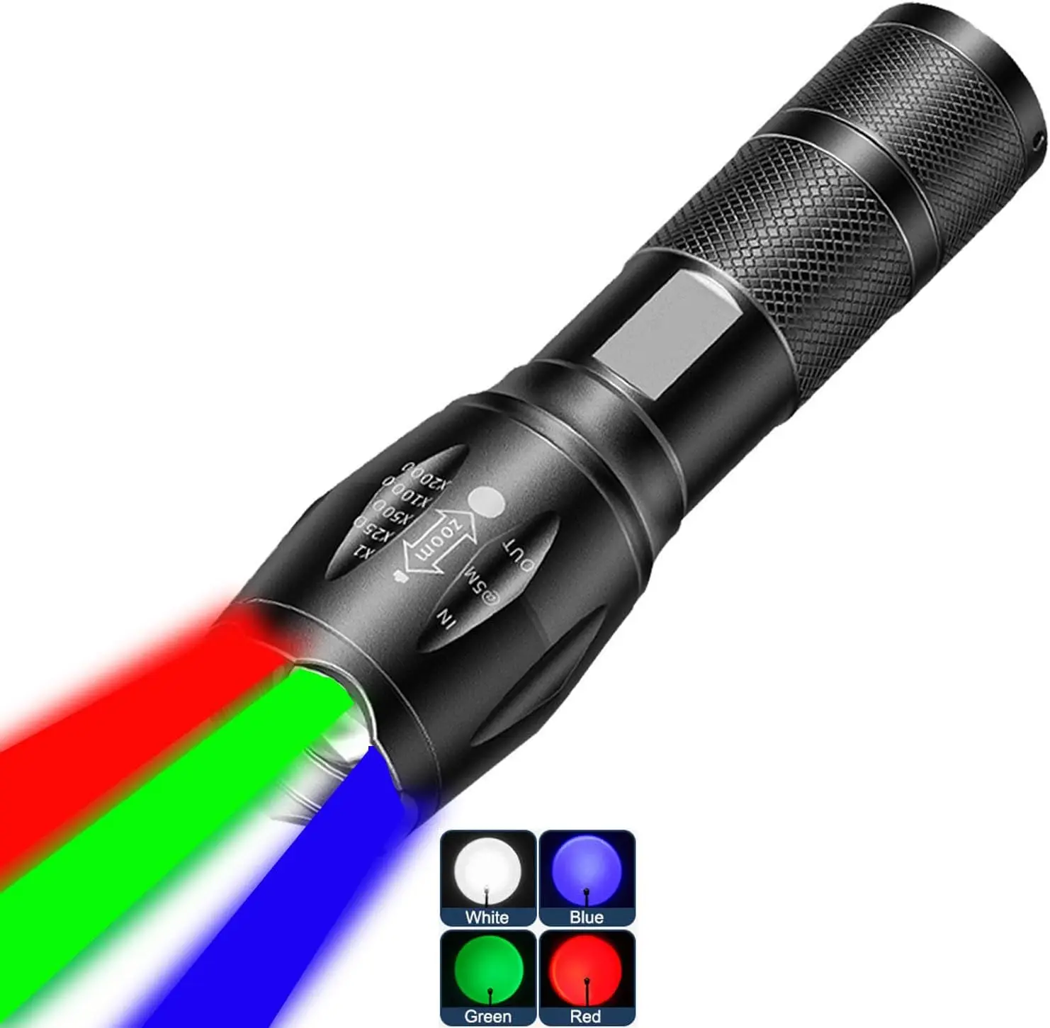 Multicolor 4 Colors in 1 LED White Red Blue Green Blue Light 4 Modes Zoomable Flashlight Red Torch Rechargeable Flashlights