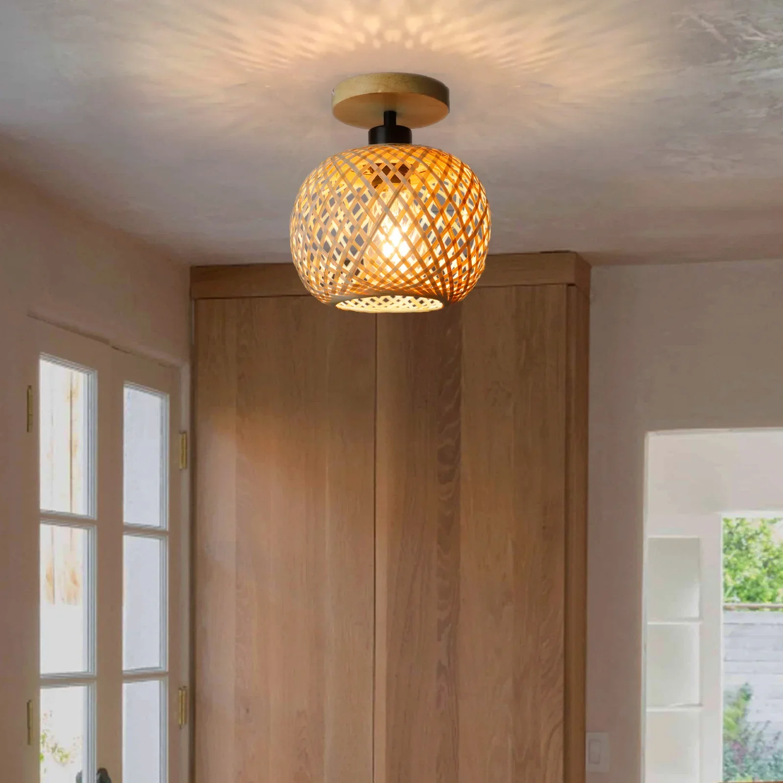 Retro Led Bamboo Woven Ceiling Lamp Corridor Aisle Living Room Ceiling Light E27 Woven Lamps Decorative Fixtures