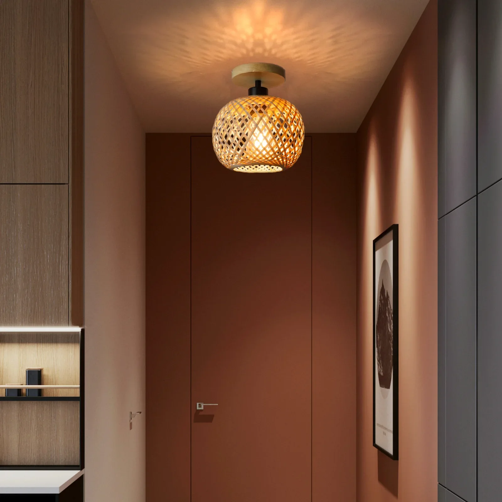 Retro Led Bamboo Woven Ceiling Lamp Corridor Aisle Living Room Ceiling Light E27 Woven Lamps Decorative Fixtures