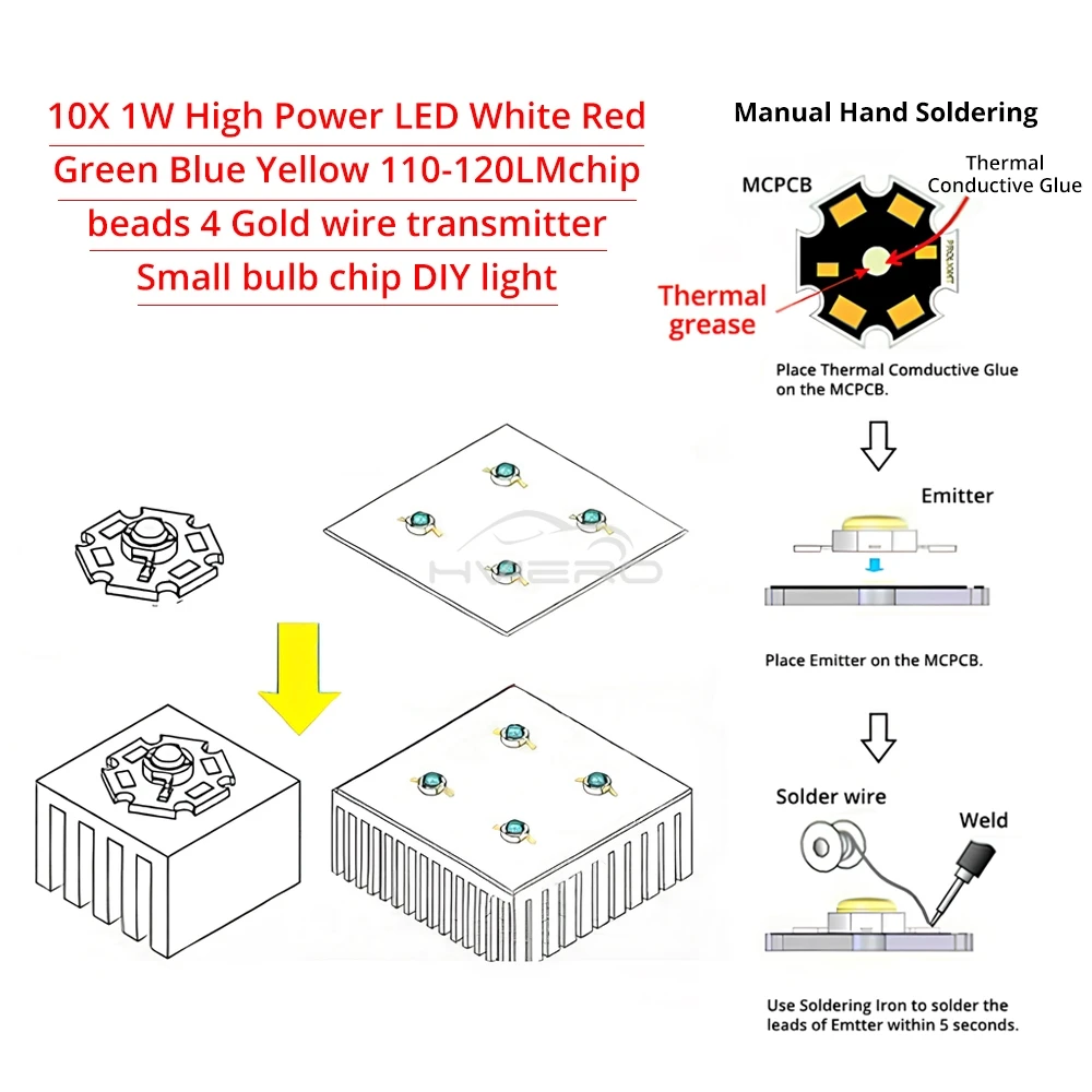 10Pcs 1W High Power LED Chip Lamp Bulb 110-120LM Bead Line Emitter Diode White Red Green Blue Yellow DIY Led Lights Decoration