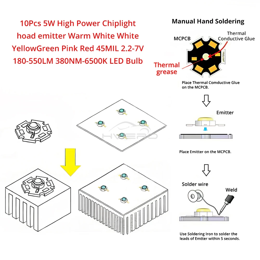 10Pcs DC 3V 3W High Power Light-Emitting Diode LEDs Chip SMD Lights Bead Emitter White Red Green Blue Yellow Bulb Diodes Lamps