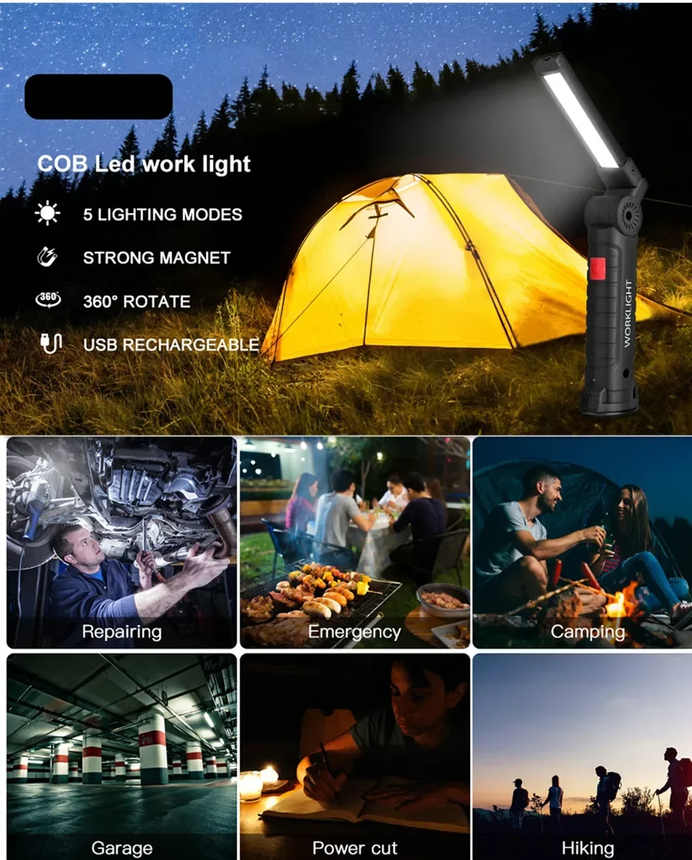 1/2/3/5Pcs Magnetic COB LED Flashlight Portable USB Rechargeable Work Light Hanging Lamp with Built-in Battery Camping Torch