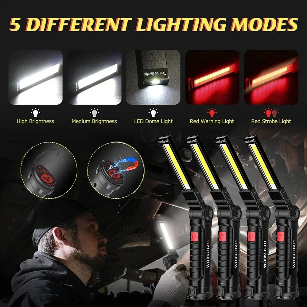 1/2/3/5Pcs Magnetic COB LED Flashlight Portable USB Rechargeable Work Light Hanging Lamp with Built-in Battery Camping Torch