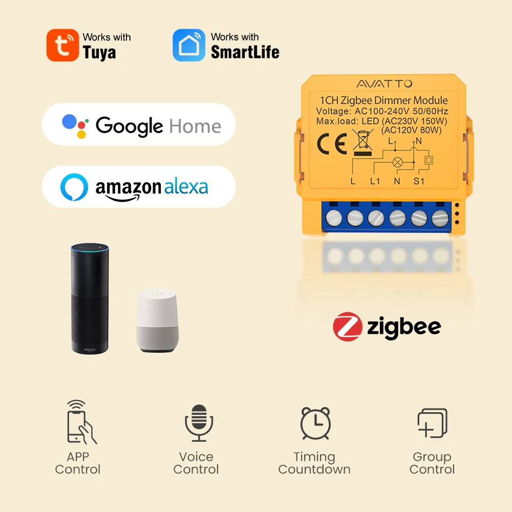 AVATTO WiFi/ZigBee Smart Dimmer Switch Module 1/2 Gang Dimmer Light Switch Module APP Remote Control For Tuya Alexa Google Home