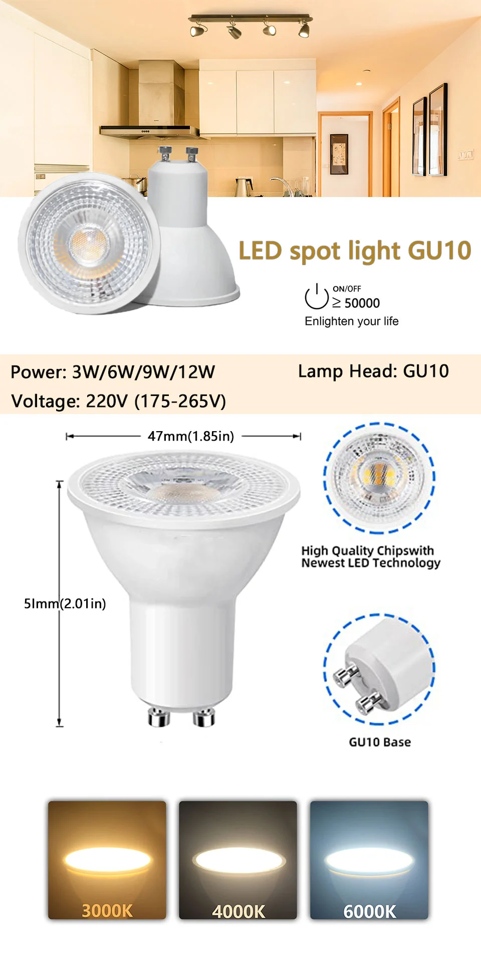 1-10PCS GU10 LED Lamp Spotlight Bulb AC220V LED bulb 3/6/9/12W Indoor Lighting Bulb Easy To Install Suitable For Kitchen Living