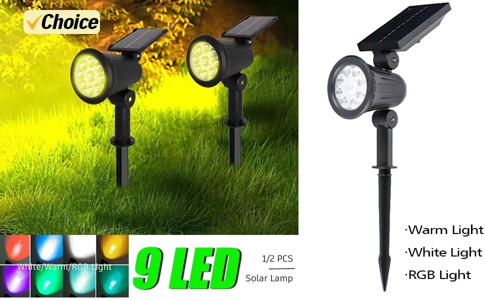 9/4 LED Solar LED Light Spotlights Outdoor IP65 Waterproof Lights Brightness Adjustable for Garden Backyard Driveway Patio Decor