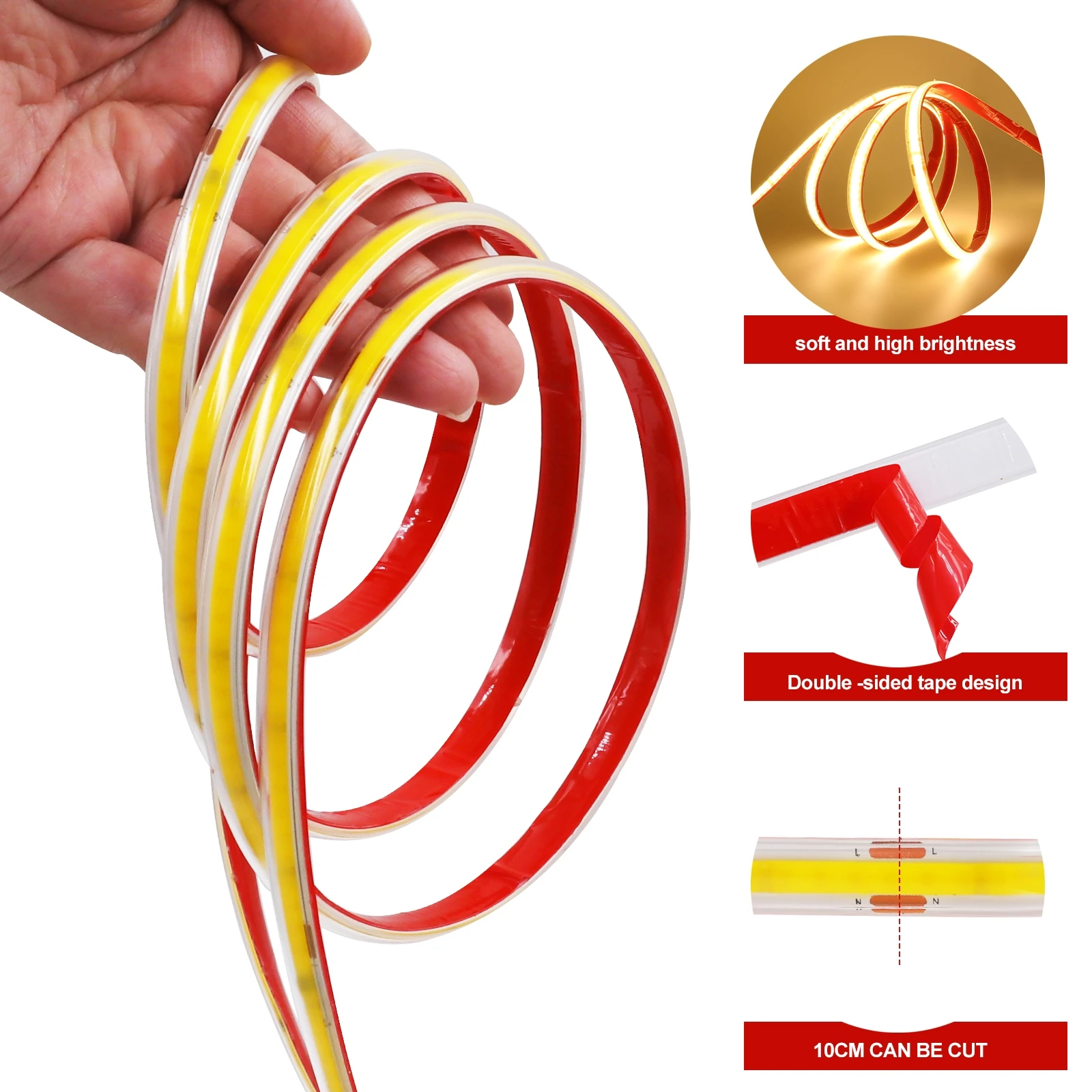 AC 230V COB Strip 240LEDs/M IP65 Waterproof Tape Adhesive With 2Pin Wire Cable 220V Cold Natural Warm White 10CM Can Be Cut