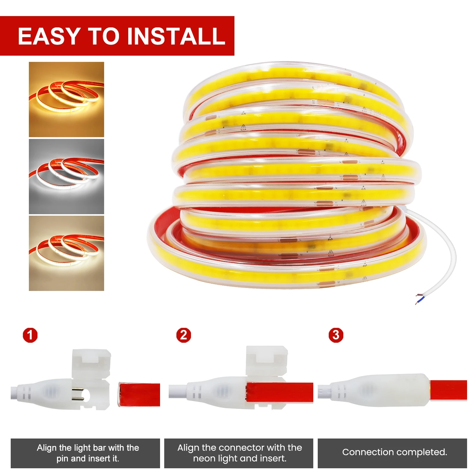 AC 230V COB Strip 240LEDs/M IP65 Waterproof Tape Adhesive With 2Pin Wire Cable 220V Cold Natural Warm White 10CM Can Be Cut