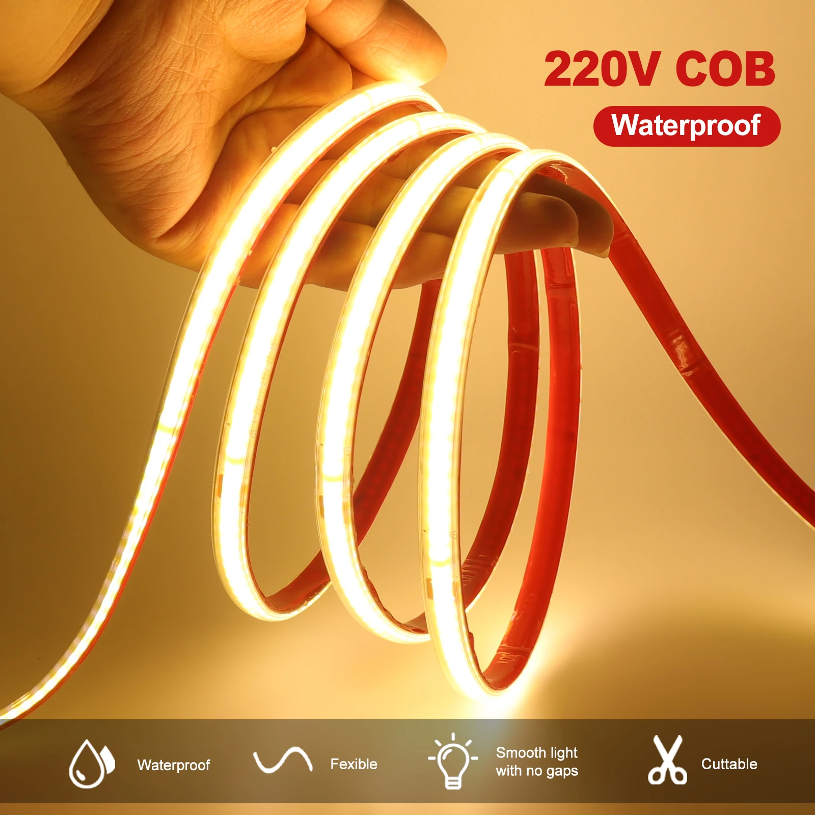 AC 230V COB Strip 240LEDs/M IP65 Waterproof Tape Adhesive With 2Pin Wire Cable 220V Cold Natural Warm White 10CM Can Be Cut