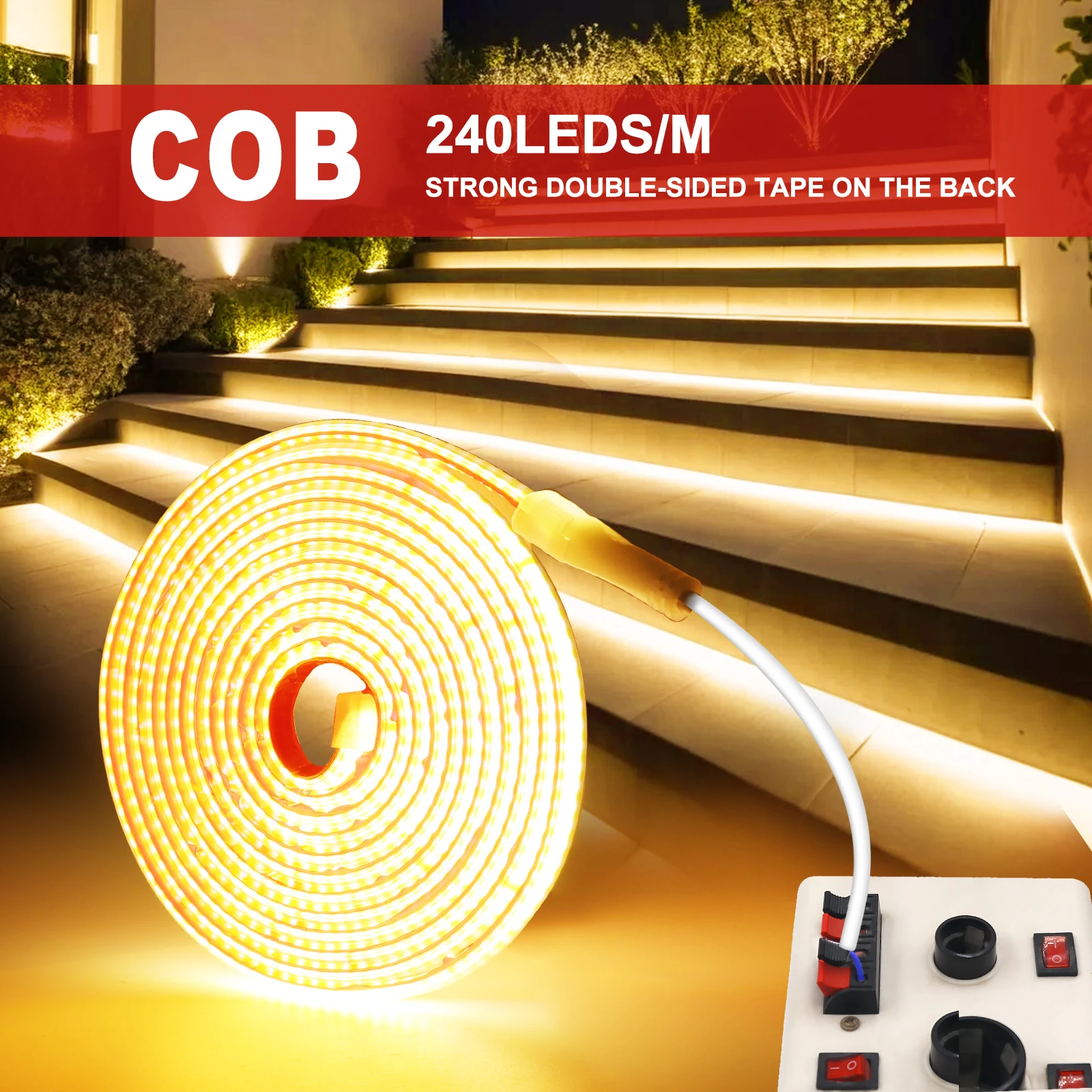 AC 230V COB Strip 240LEDs/M IP65 Waterproof Tape Adhesive With 2Pin Wire Cable 220V Cold Natural Warm White 10CM Can Be Cut