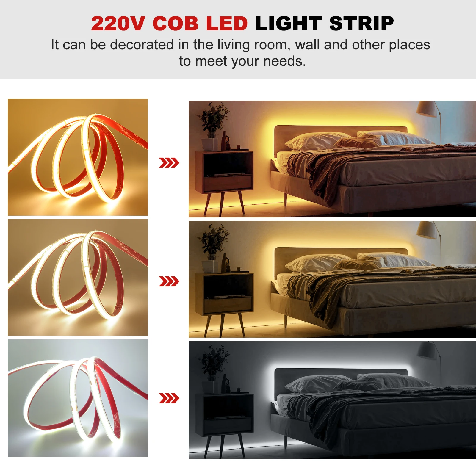AC 230V COB Strip 240LEDs/M IP65 Waterproof Tape Adhesive With 2Pin Wire Cable 220V Cold Natural Warm White 10CM Can Be Cut