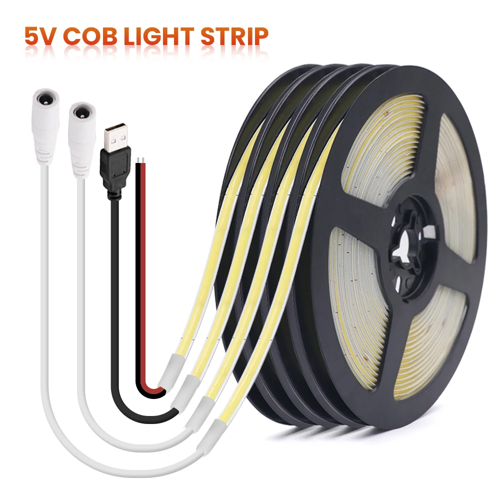 DC5V USB COB LED Strip 3mm 5mm 8mm Width 12V 320LEDs Flexible LED Strip Light with Adhesive High Density Linear Lighting