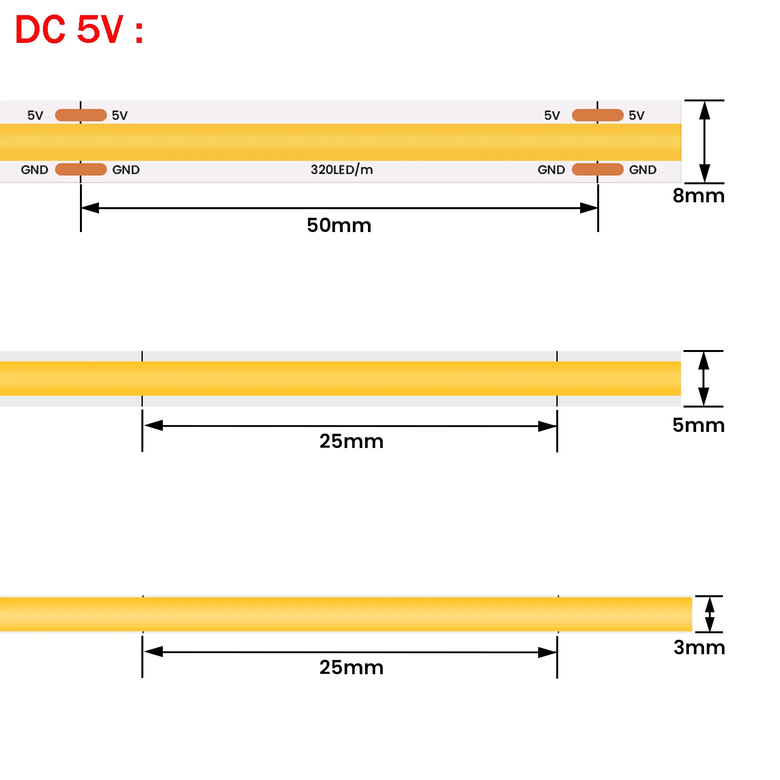 DC5V USB COB LED Strip 3mm 5mm 8mm Width 12V 320LEDs Flexible LED Strip Light with Adhesive High Density Linear Lighting