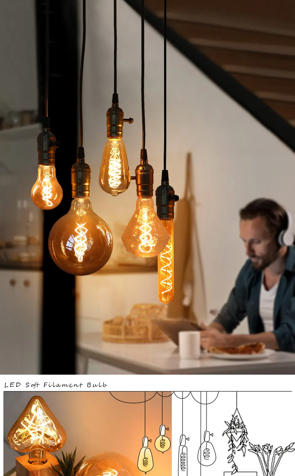 Retro Edison E27 E14 LED Light Bulb 220V Diamond Love ST64 A60 G80 G95 G125 T185 Vintage Glass Bulb Lamp For Home Decor Lighting