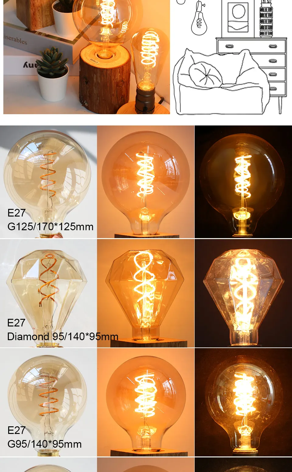 Retro Edison E27 E14 LED Light Bulb 220V Diamond Love ST64 A60 G80 G95 G125 T185 Vintage Glass Bulb Lamp For Home Decor Lighting
