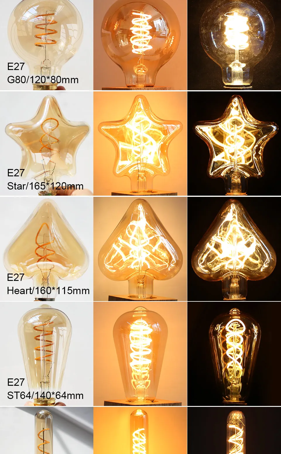 Retro Edison E27 E14 LED Light Bulb 220V Diamond Love ST64 A60 G80 G95 G125 T185 Vintage Glass Bulb Lamp For Home Decor Lighting