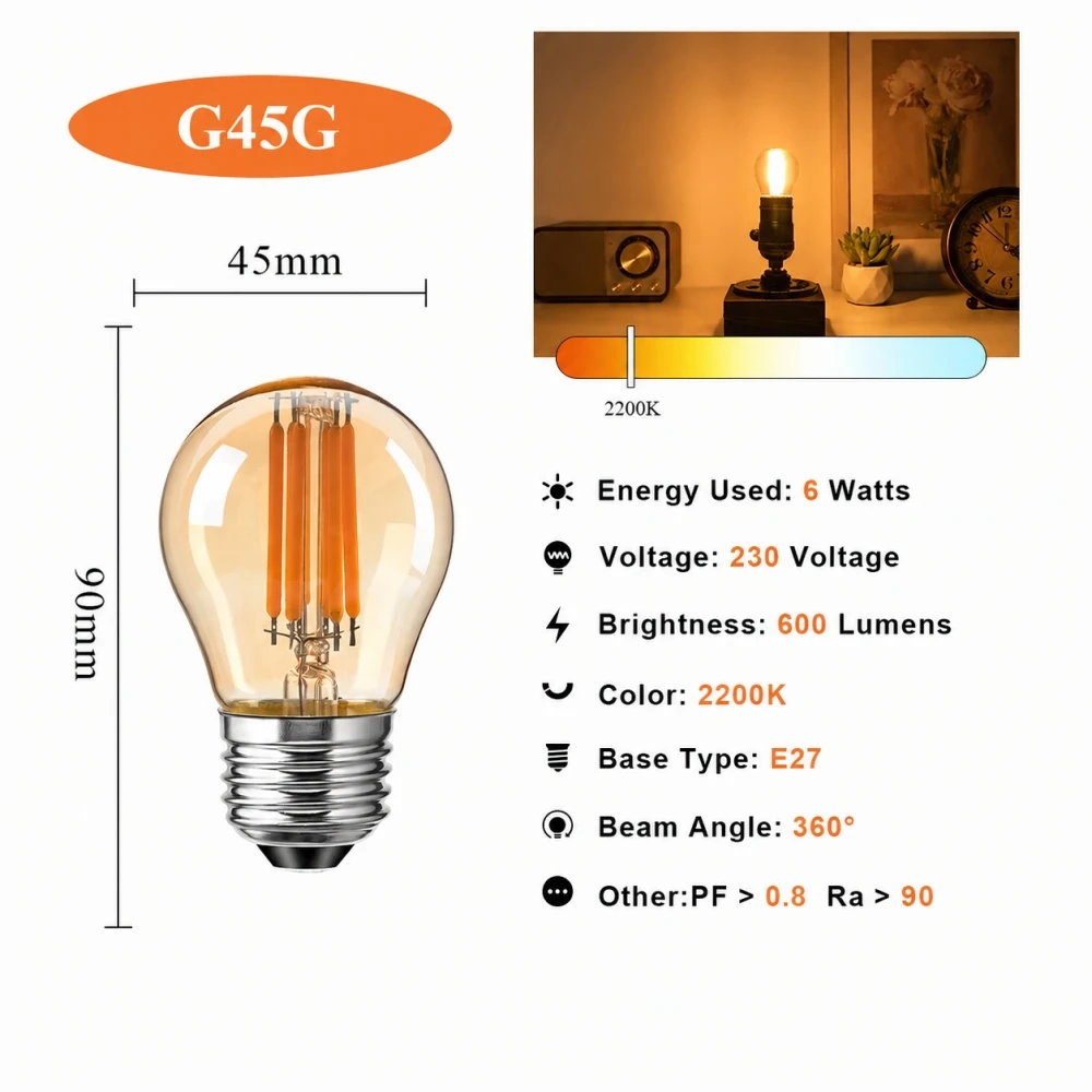 Vintage G45 Edison Led Light Bulb E27 4W 6W Filament Ball Lamp Warm White 2700K Amber Glass Dimmable Mini Globe Bulb For Pendant