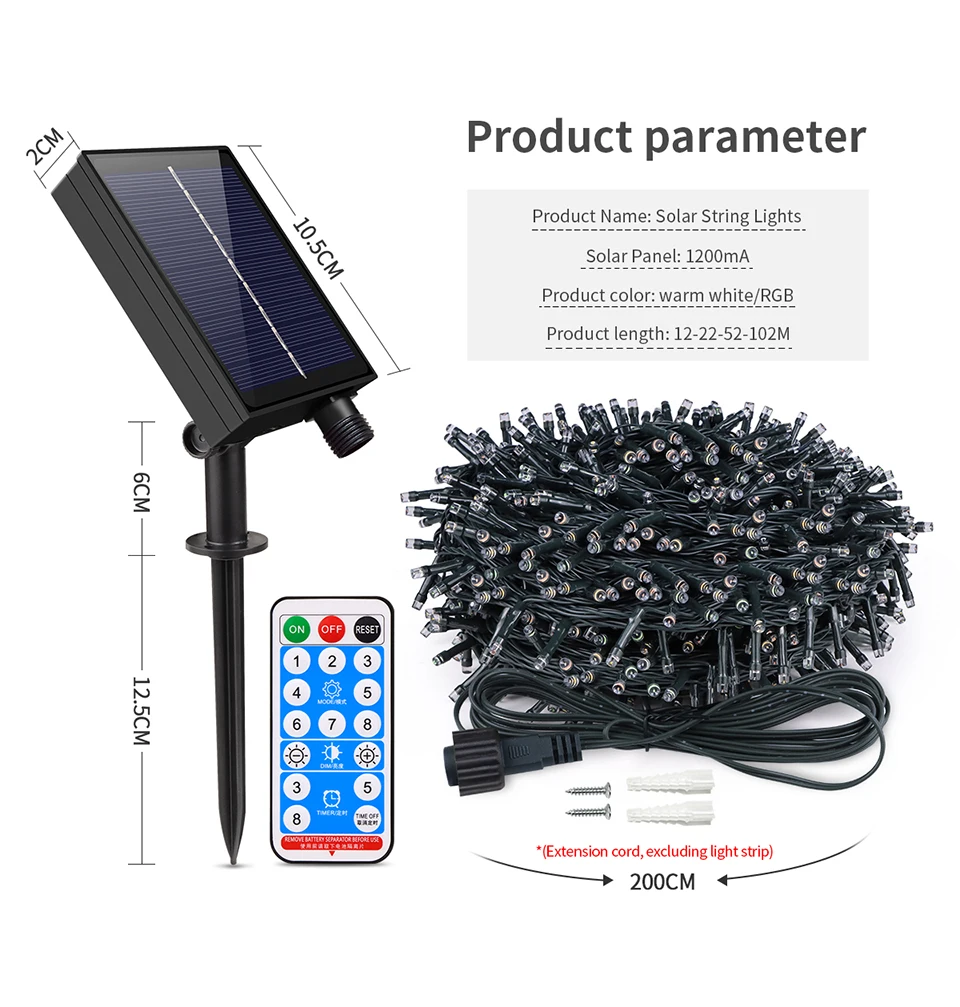 100M 1000 LEDs Fast Charge Solar Led Fairy Light Led Waterproof Outdoor String Lights Christmas Garland For Garden Party Decor