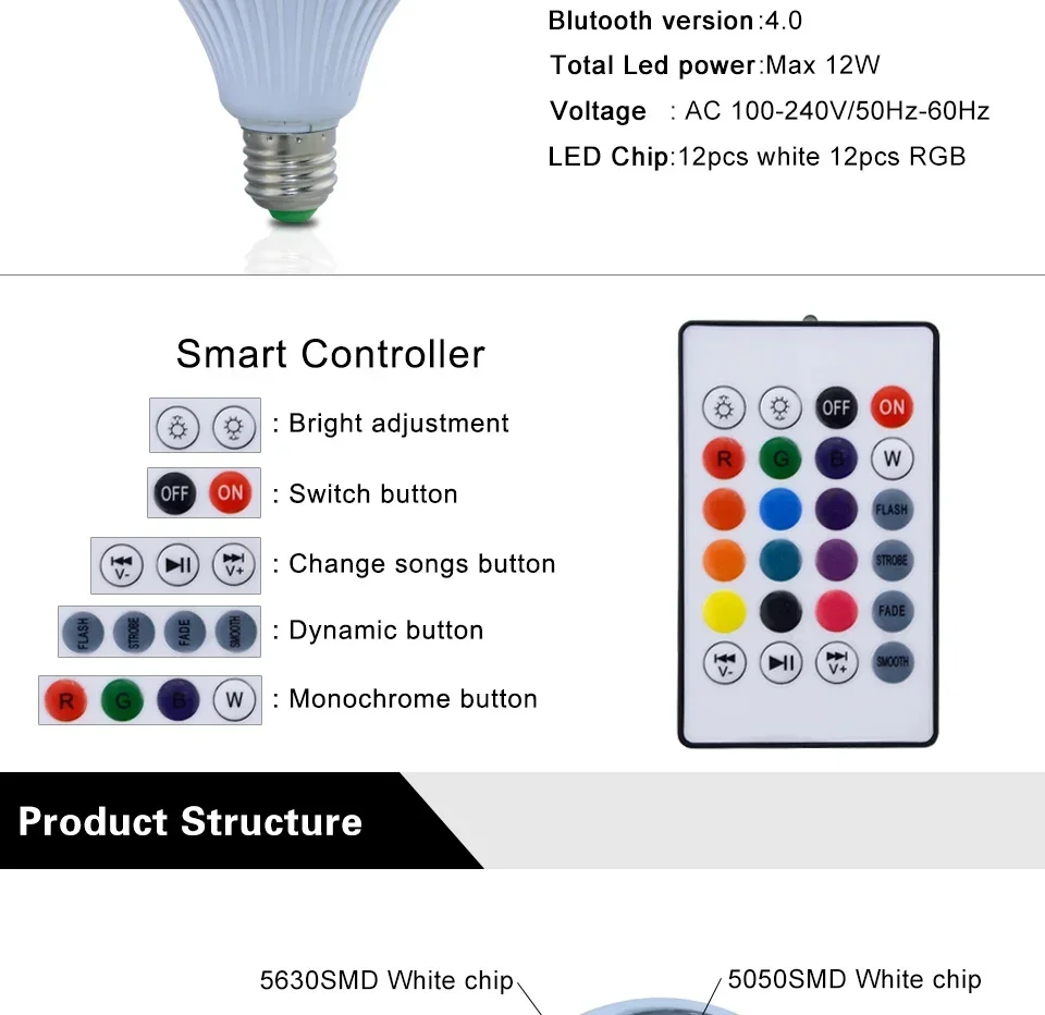 3PCS AC 85-265V E27 LED12W Light Bulb RGB Multi-colour Change Bluetooth Speaker Music Playback Function Bedroom Party Decoration