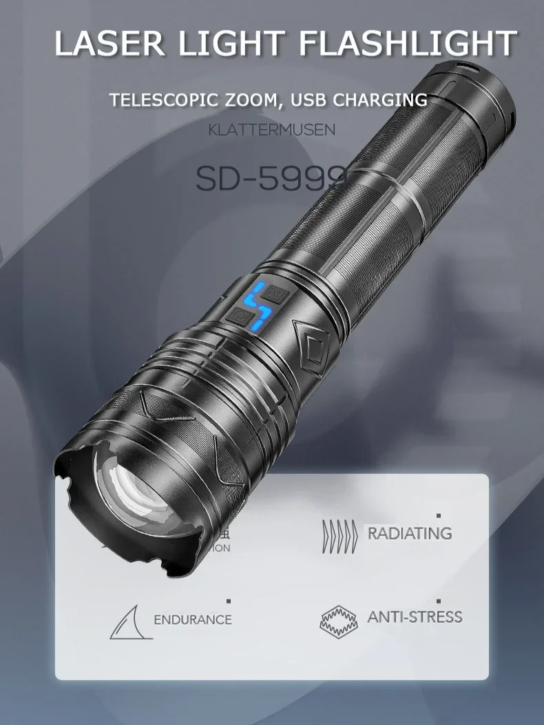 High Power White Laser Flashlight Super Bright LED Spotlight Long Range Torch Zoom Emergency Outdoor With Battery Indicator