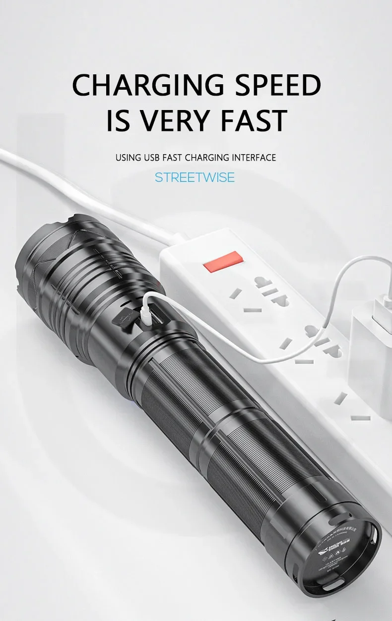 High Power White Laser Flashlight Super Bright LED Spotlight Long Range Torch Zoom Emergency Outdoor With Battery Indicator