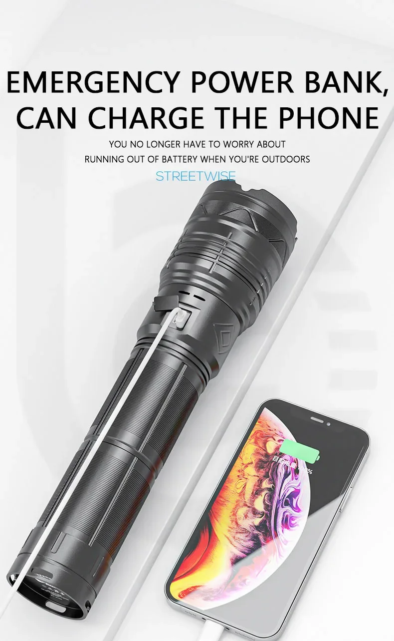 High Power White Laser Flashlight Super Bright LED Spotlight Long Range Torch Zoom Emergency Outdoor With Battery Indicator