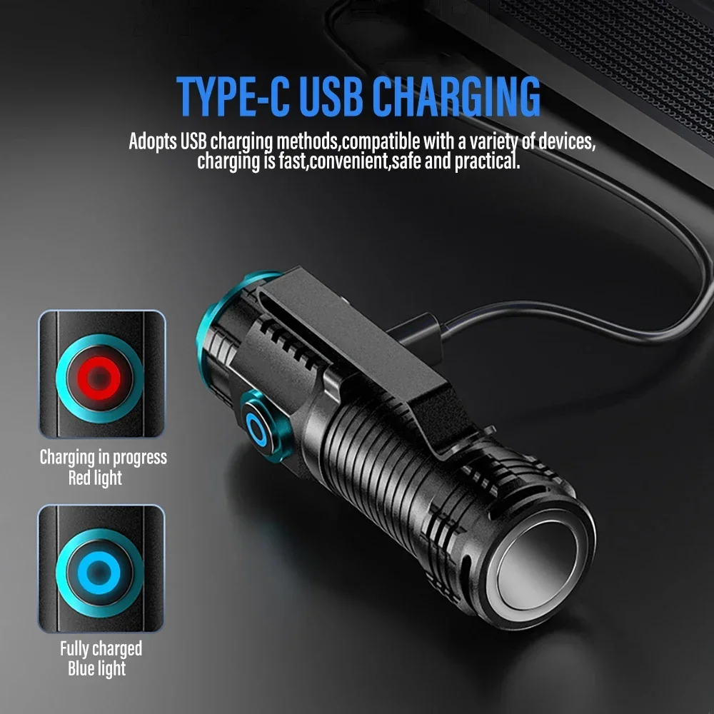 20W Mini Flashlight Super Bright P50 LED Flashlights with Tail Magnet 16340 Battery USB Rechargeable Camping Emergency Torch