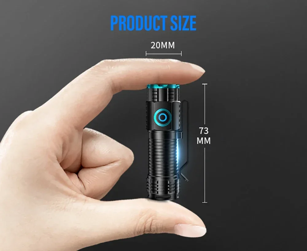 20W Mini Flashlight Super Bright P50 LED Flashlights with Tail Magnet 16340 Battery USB Rechargeable Camping Emergency Torch