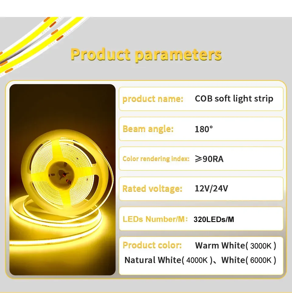 1M 2M 3M 5M 10M COB LED Strip Lights 12V 24V 320LEDs/M High Brightness Flexible LED Bar Tape Ribbon Linear Dimmable Room Decor