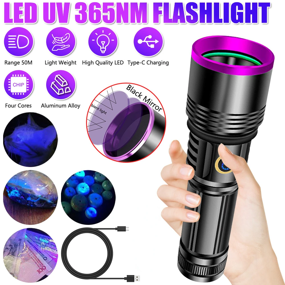 2024 New 80W 365nm UV Flashlight USB Rechargeable UV Light Powerful Black Light Flashlight for Pet Urine Detection, Resin Curing