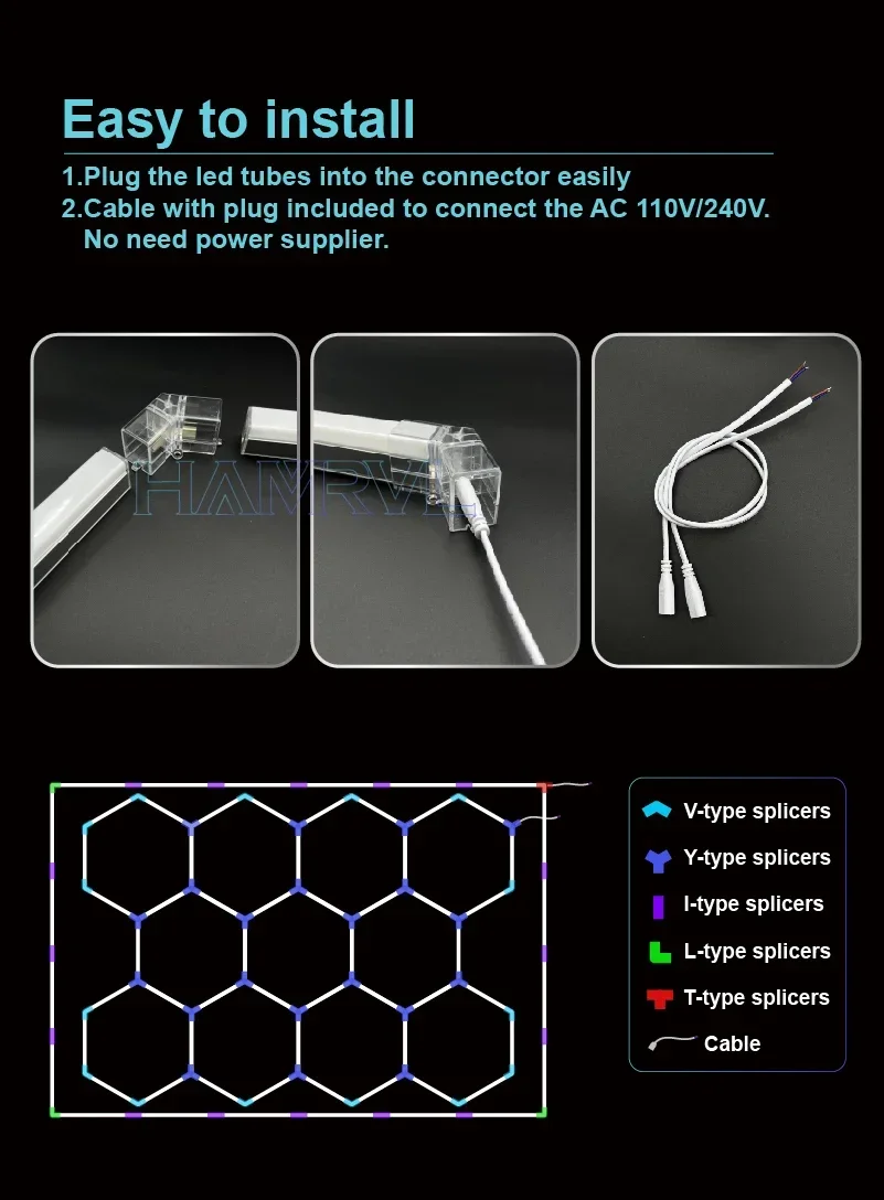 Hexagon LED Lighting for Garage Barbecue Shop Barbershop Gym Bar Car Detailing Showroom 4S Workshop Ceiling Light Honeycomb Tube