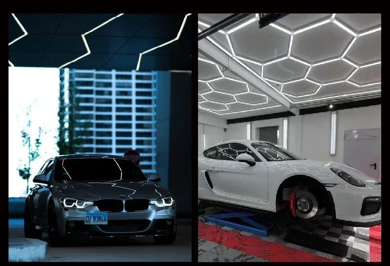 Hexagon LED Lighting for Garage Barbecue Shop Barbershop Gym Bar Car Detailing Showroom 4S Workshop Ceiling Light Honeycomb Tube