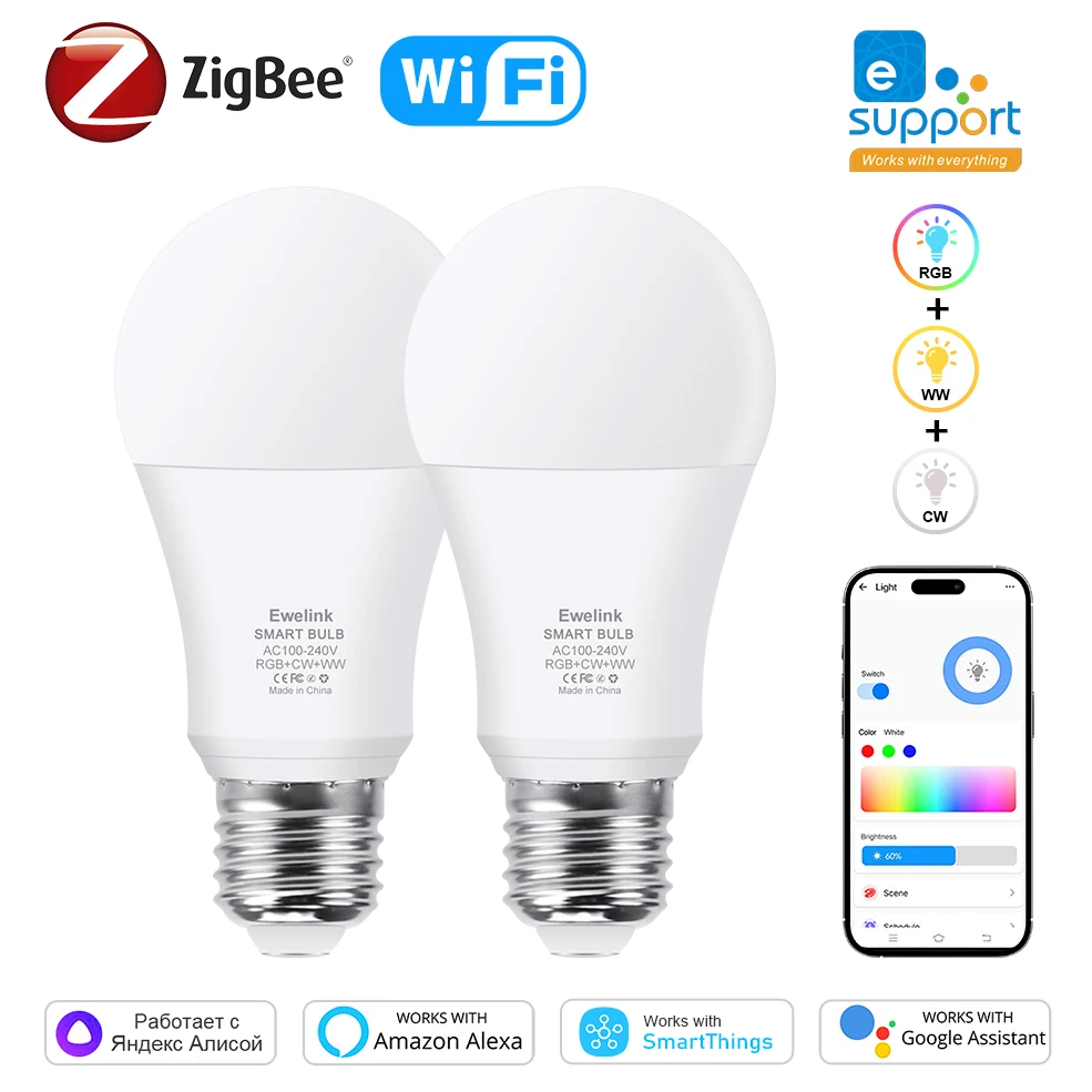 COOLO EWelink WiFi Zigbee Smart LED Light Bulbs 15W 18W E27 Dimmable Lamp Works With Alexa Google Home Smartthings Yandex Alice
