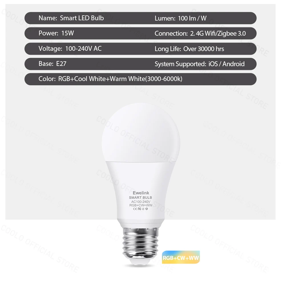 COOLO EWelink WiFi Zigbee Smart LED Light Bulbs 15W 18W E27 Dimmable Lamp Works With Alexa Google Home Smartthings Yandex Alice