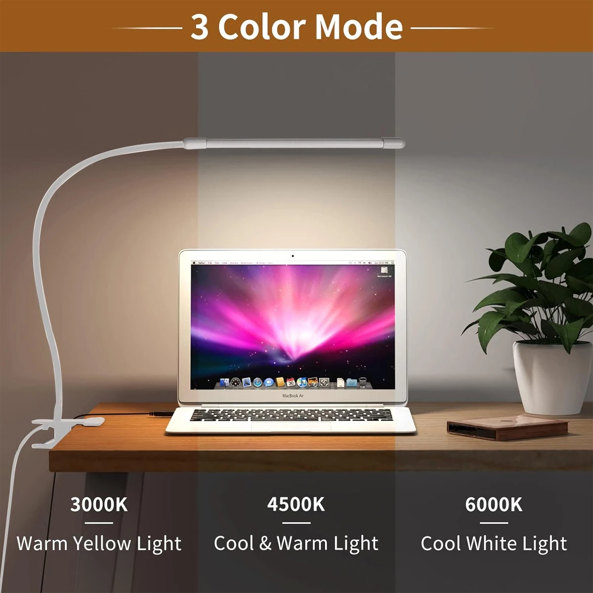 10W LED Desk Lamp with Clamp Dimmable Clip On Reading Light 10 Brightness Level 3 Lighting Modes Flexible Study Table Lamp USB