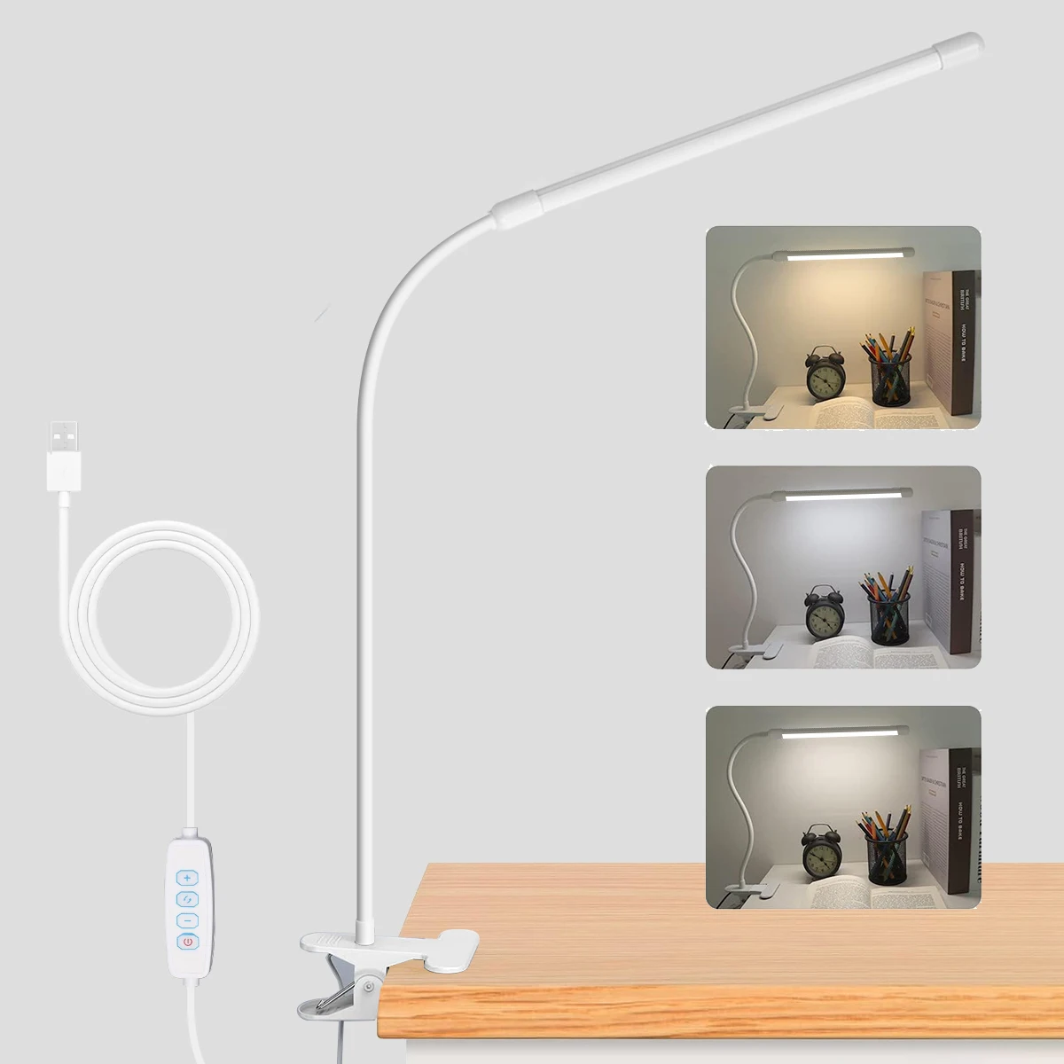 10W LED Desk Lamp with Clamp Dimmable Clip On Reading Light 10 Brightness Level 3 Lighting Modes Flexible Study Table Lamp USB