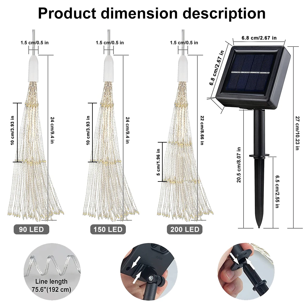 Solar Firework Lights Outdoor - 90/150/200 LEDs, 8 Modes, Copper Wire Hanging Fairy Lights For Yard, Patio, Tent,Party,Xmas