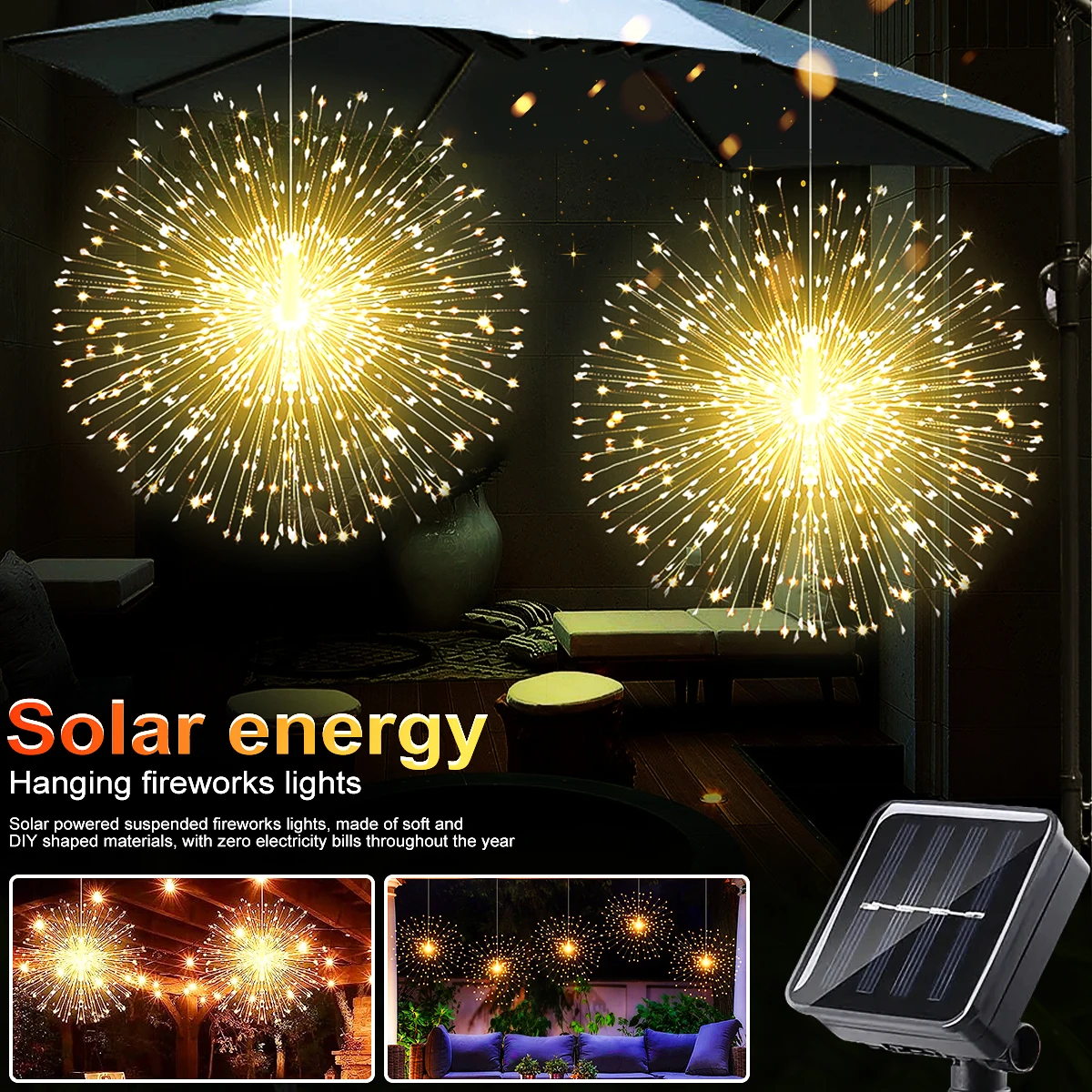 Solar Firework Lights Outdoor - 90/150/200 LEDs, 8 Modes, Copper Wire Hanging Fairy Lights For Yard, Patio, Tent,Party,Xmas