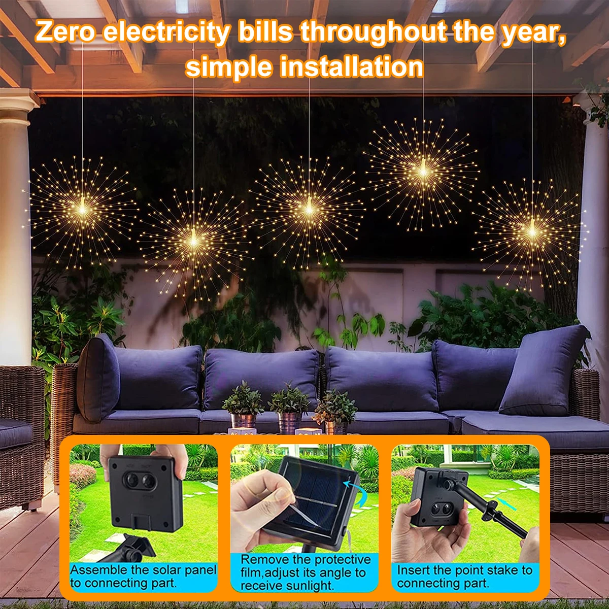Solar Firework Lights Outdoor - 90/150/200 LEDs, 8 Modes, Copper Wire Hanging Fairy Lights For Yard, Patio, Tent,Party,Xmas
