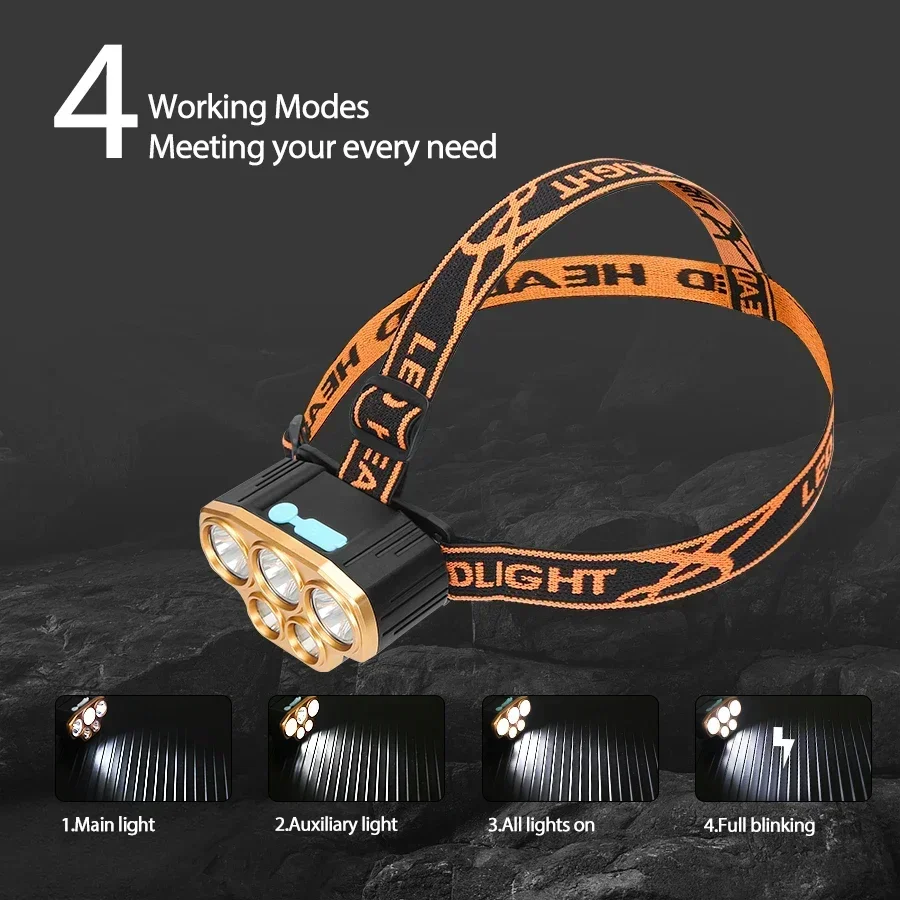 5 LED Strong Light Headlamp Built in 18650 Battery USB Rechargeable Head Flashlight Outdoor Ultra Bright Fishing Camping Lamp