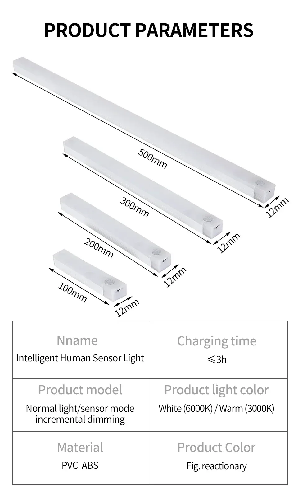 Rechargeable PIR Motion Sensor LED Bar Lights Human Infared Induction Night Light Portable Kitchen Cabinet Light 10/20/30/50cm