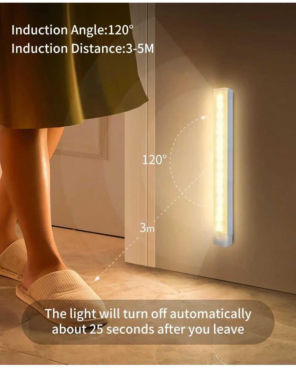 Rechargeable PIR Motion Sensor LED Bar Lights Human Infared Induction Night Light Portable Kitchen Cabinet Light 10/20/30/50cm