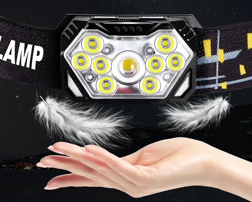 9 LED Strong Light Headlamp USB Rechageable Motion Sensor Headlight Portable Fishing Camping Outdoor Head Lamp Work Flashlight