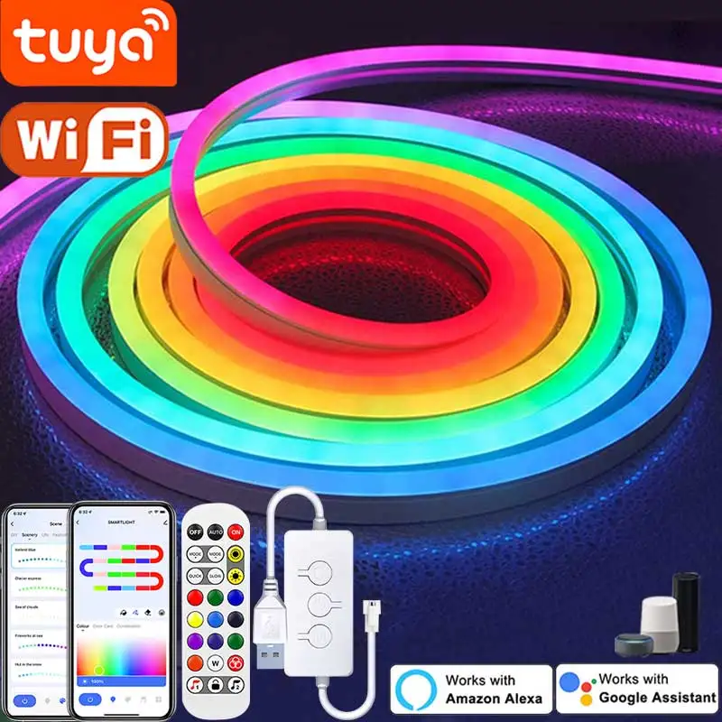 TUYA Neon LED Strip Lights 5V 72LEDs/M Silicone Neon Rope Light with Music Sync RGBIC Dreamcolor Chasing Strip Tape for Room