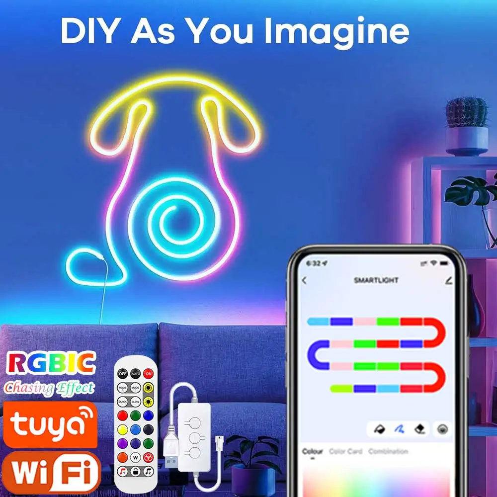 TUYA Neon LED Strip Lights 5V 72LEDs/M Silicone Neon Rope Light with Music Sync RGBIC Dreamcolor Chasing Strip Tape for Room