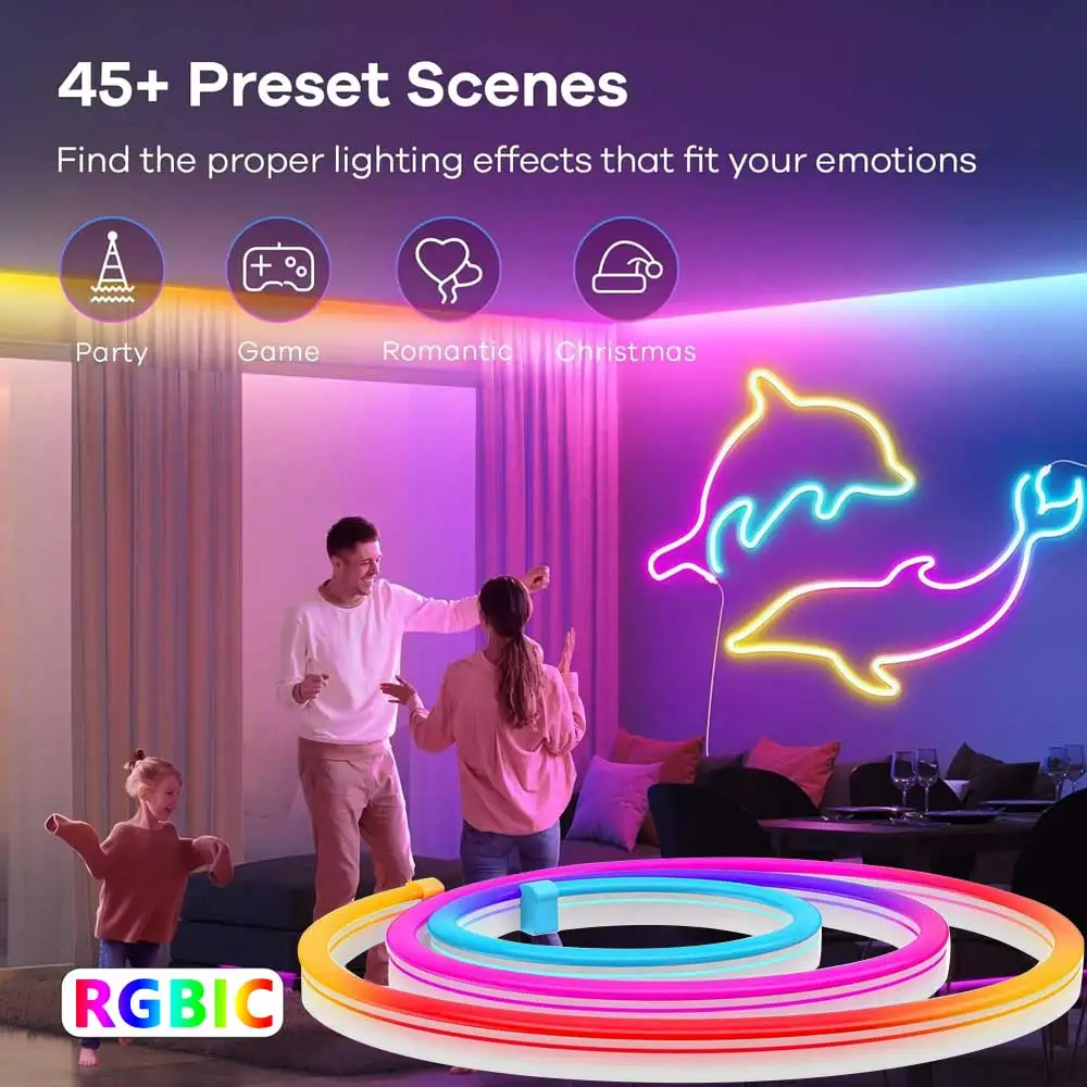 TUYA Neon LED Strip Lights 5V 72LEDs/M Silicone Neon Rope Light with Music Sync RGBIC Dreamcolor Chasing Strip Tape for Room